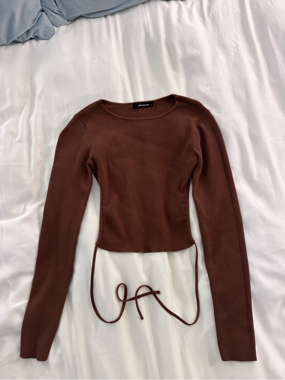 Brown Ribbed Long-Sleeve Open Back Top